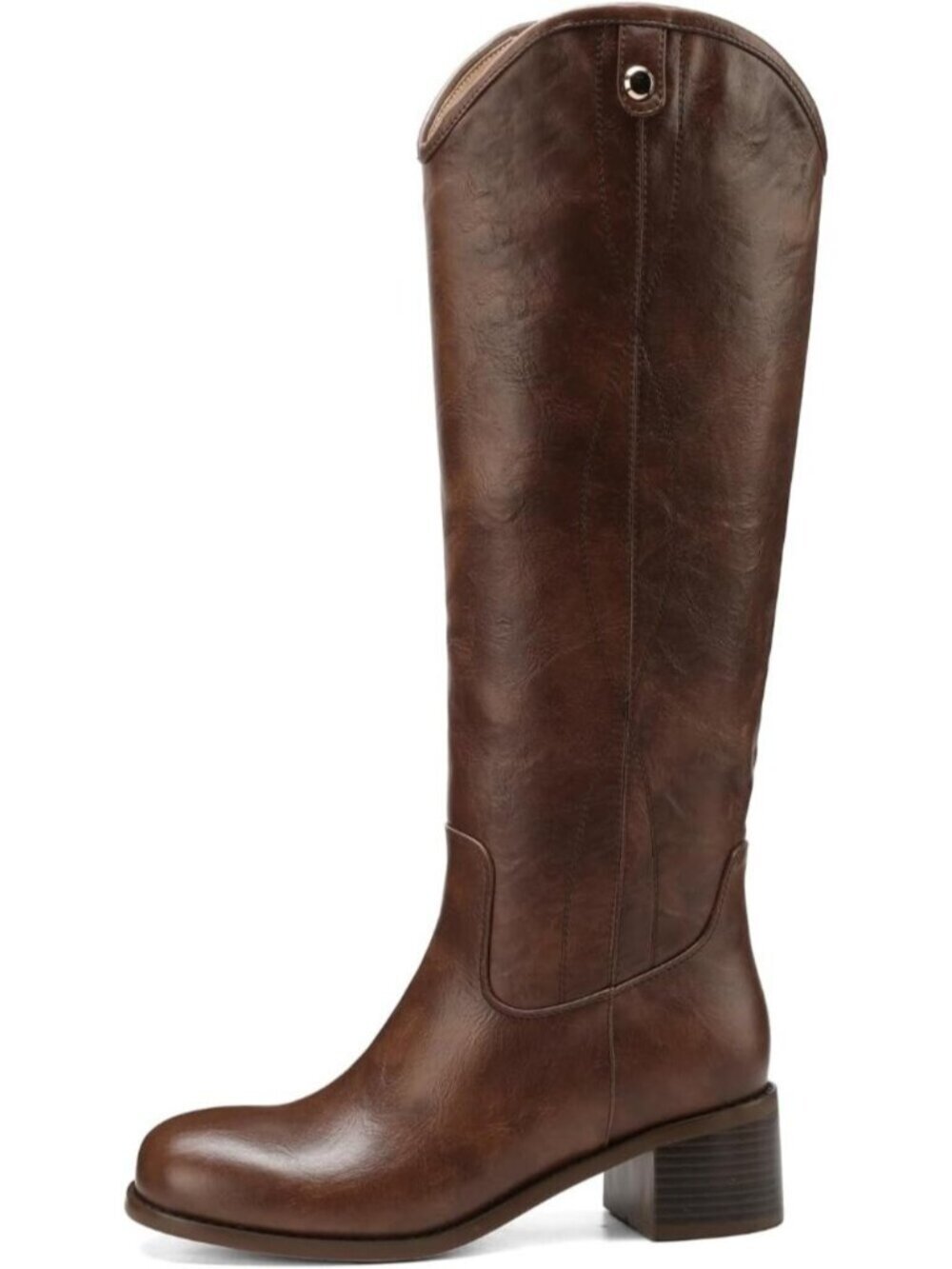 Women's All Brown Square Toe Chunky Block Heel Casual Campus Tall Boots Western